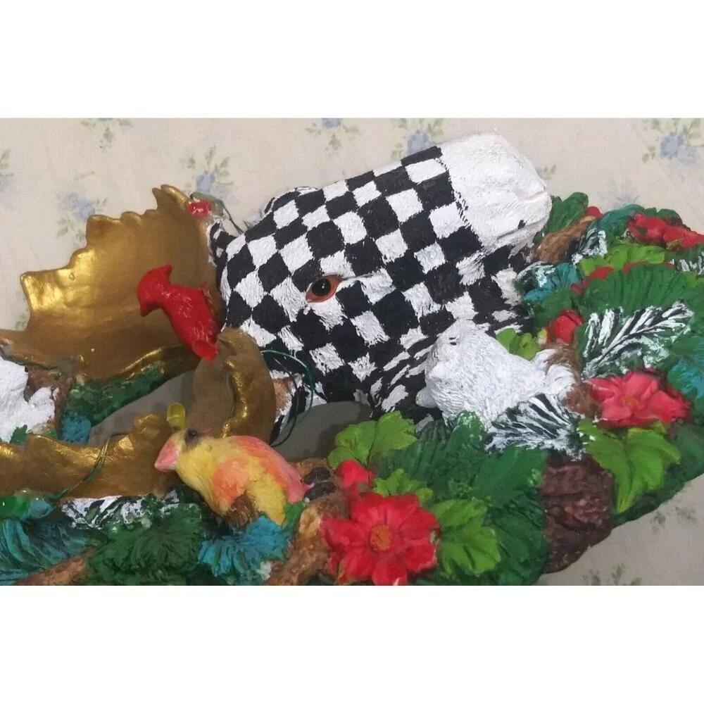 Christmas Wreath CHECKERED Whimsical resin 3D Moose squirrels cardinals OOAK